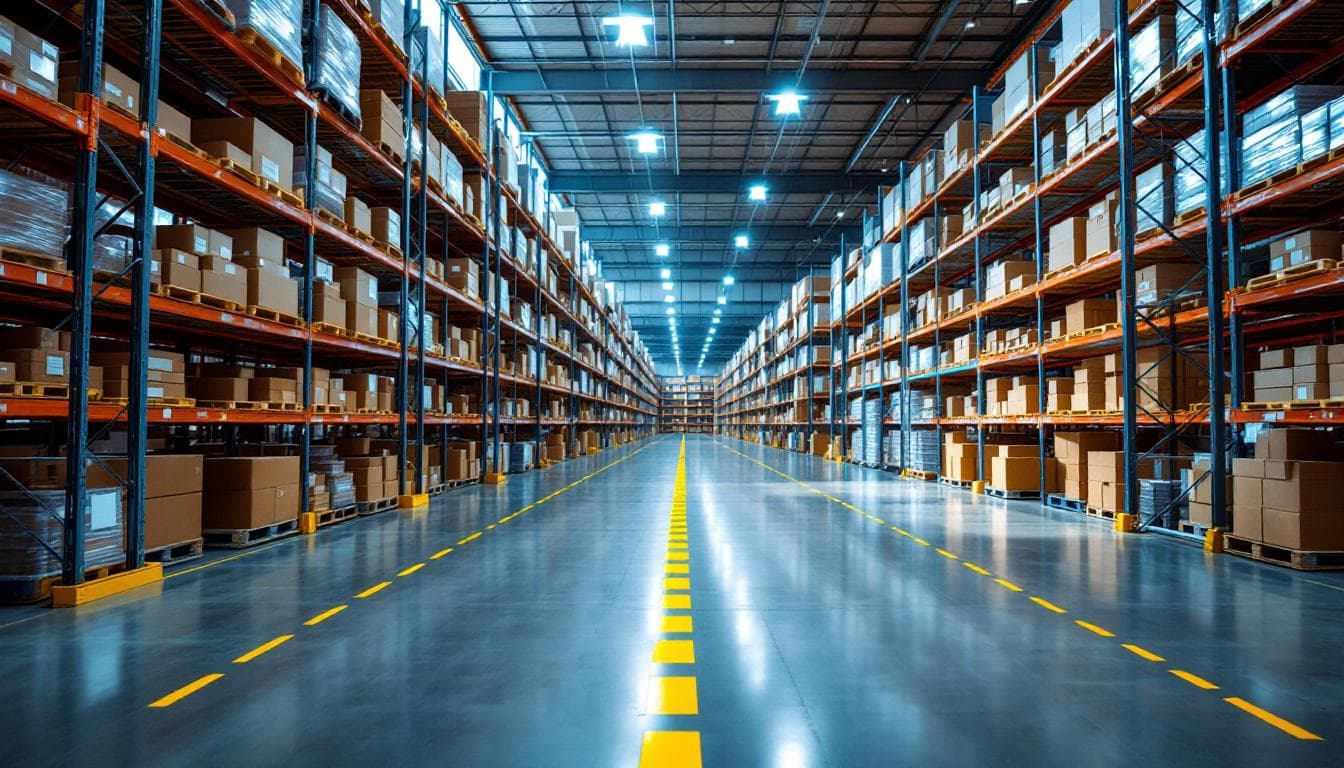 Almacén organizado con estantes de cintas industriales PREMCO